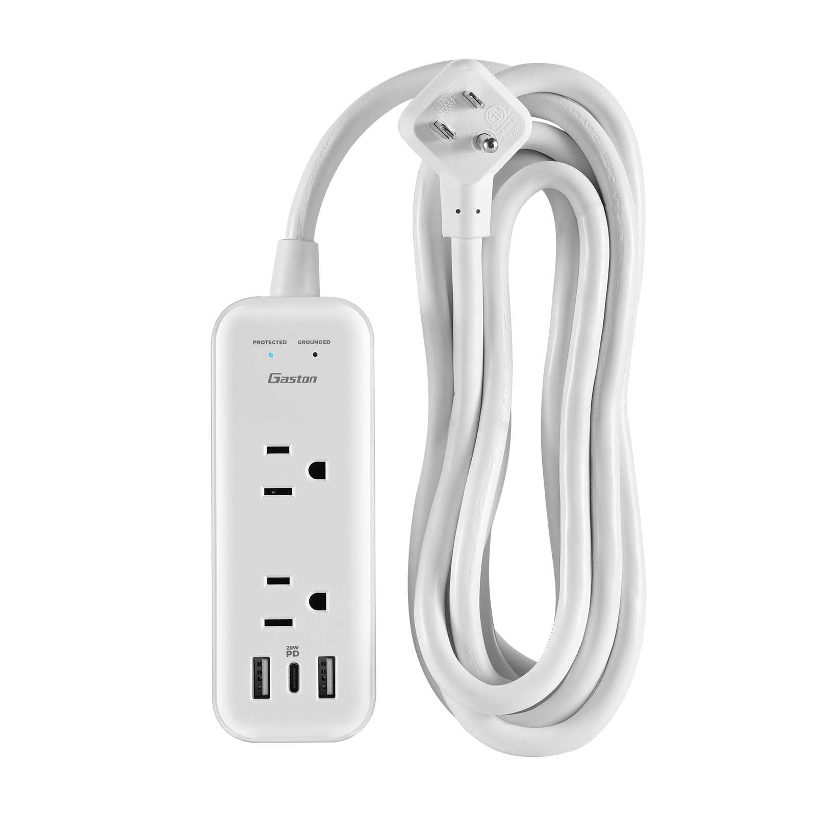Gaston Surge Protector Power Strip - 10 Ft Plug Extension Cord, 4 Widely Outlets, 3 USB Ports(1 USB C), 2 Side Outlet Extender for Home Office, White, ETL 1