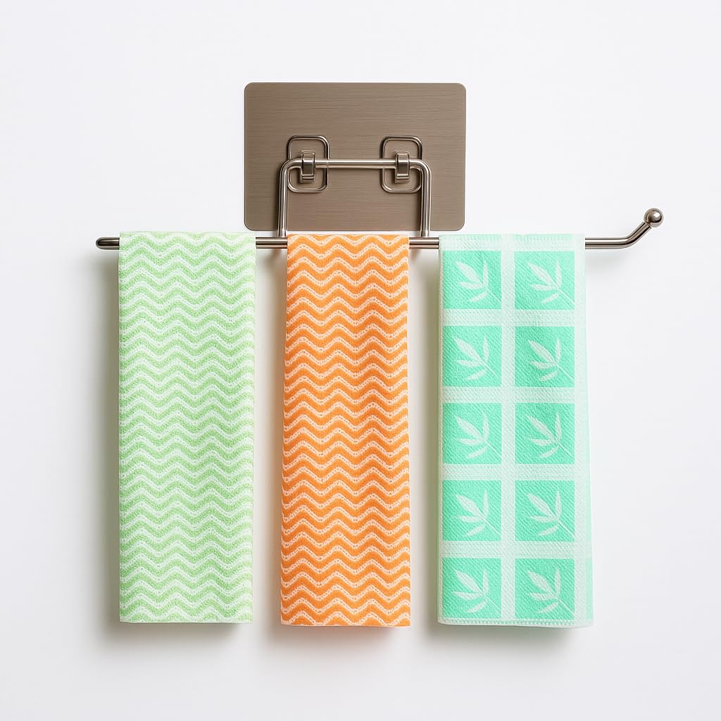 Kymio Stainless Steel Wall-Mounted Napkin Holder with Swing Arm – Multi-Bar Kitchen Towel Rack for Dishcloths, Hand Towels & Rags – Space-Saving Organizer with Adhesive Backing – Modern Brushed Finish 2