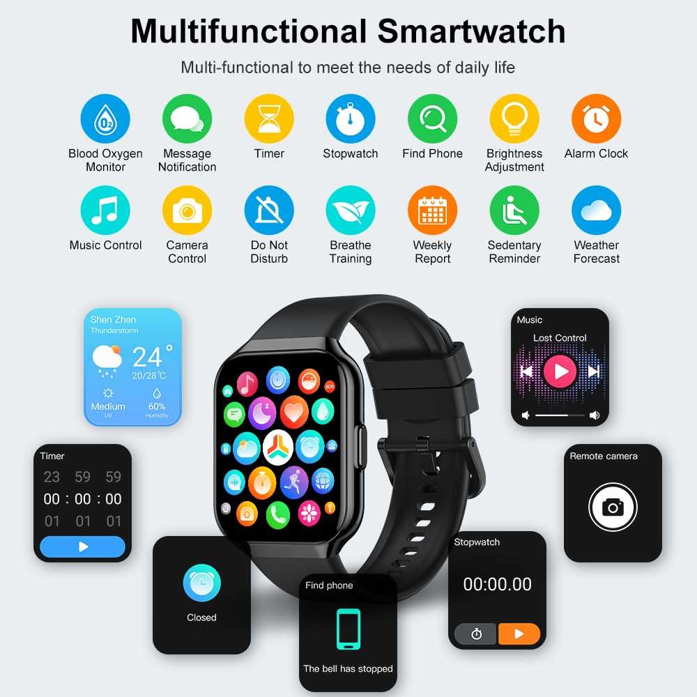 Smart Watch for Men Women(Answer/Make Call), 1.85" HD Touch Screen Fitness Watch with 24/7 Heart Rate Sleep SpO2 Monitor, 100+Sport Mode Activity Trackers for Android iOS, IP68 Waterproof, Black 3