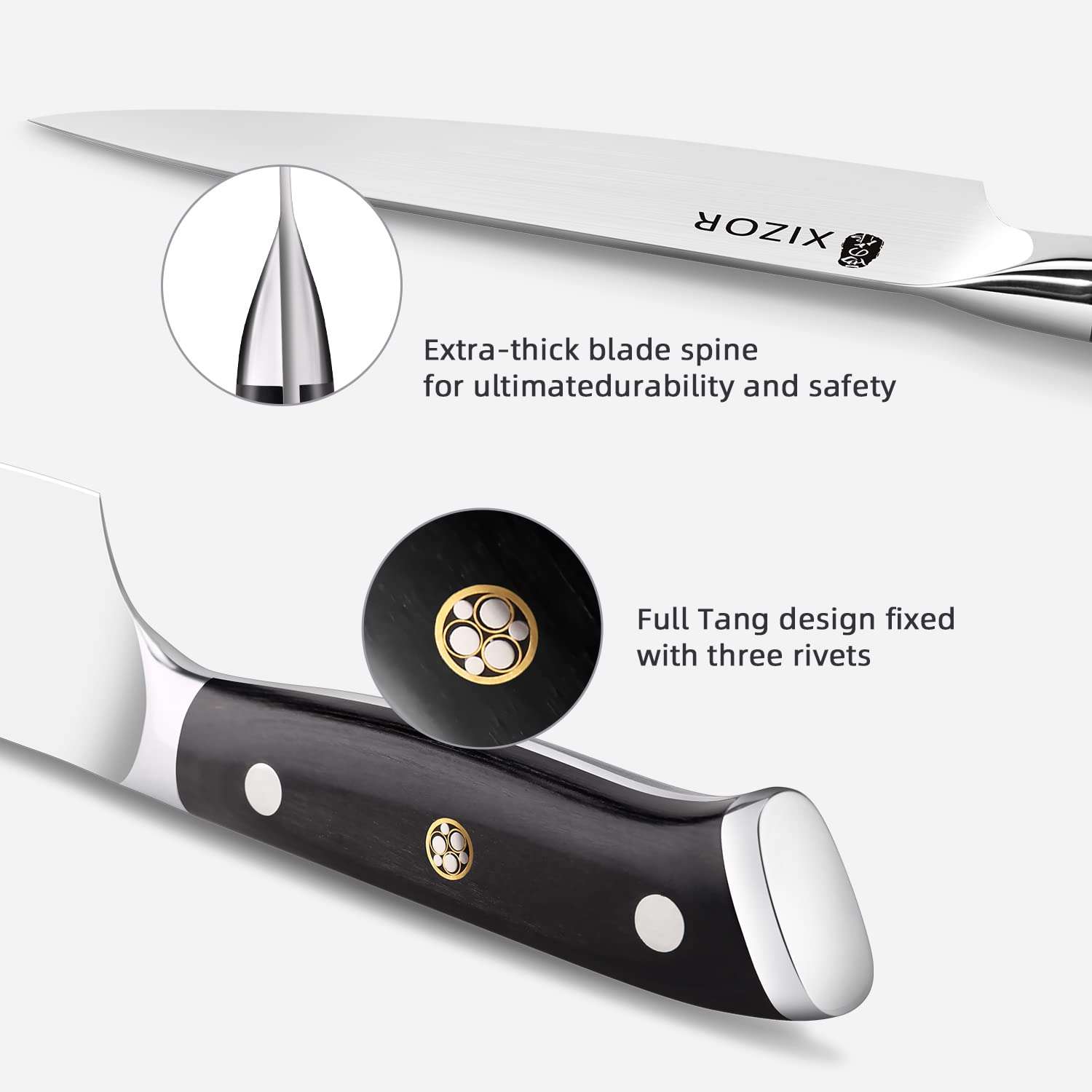 XIZOR 4-Piece Kitchen Knife Set, Includes 8“ Chef knife, 7“ Santoku knife, 6“ Boning Knife, 3.5“ Fruit Knife, Sharp High Carbon German Steel Blade, Full Tang Handle Ergonomic Design 4