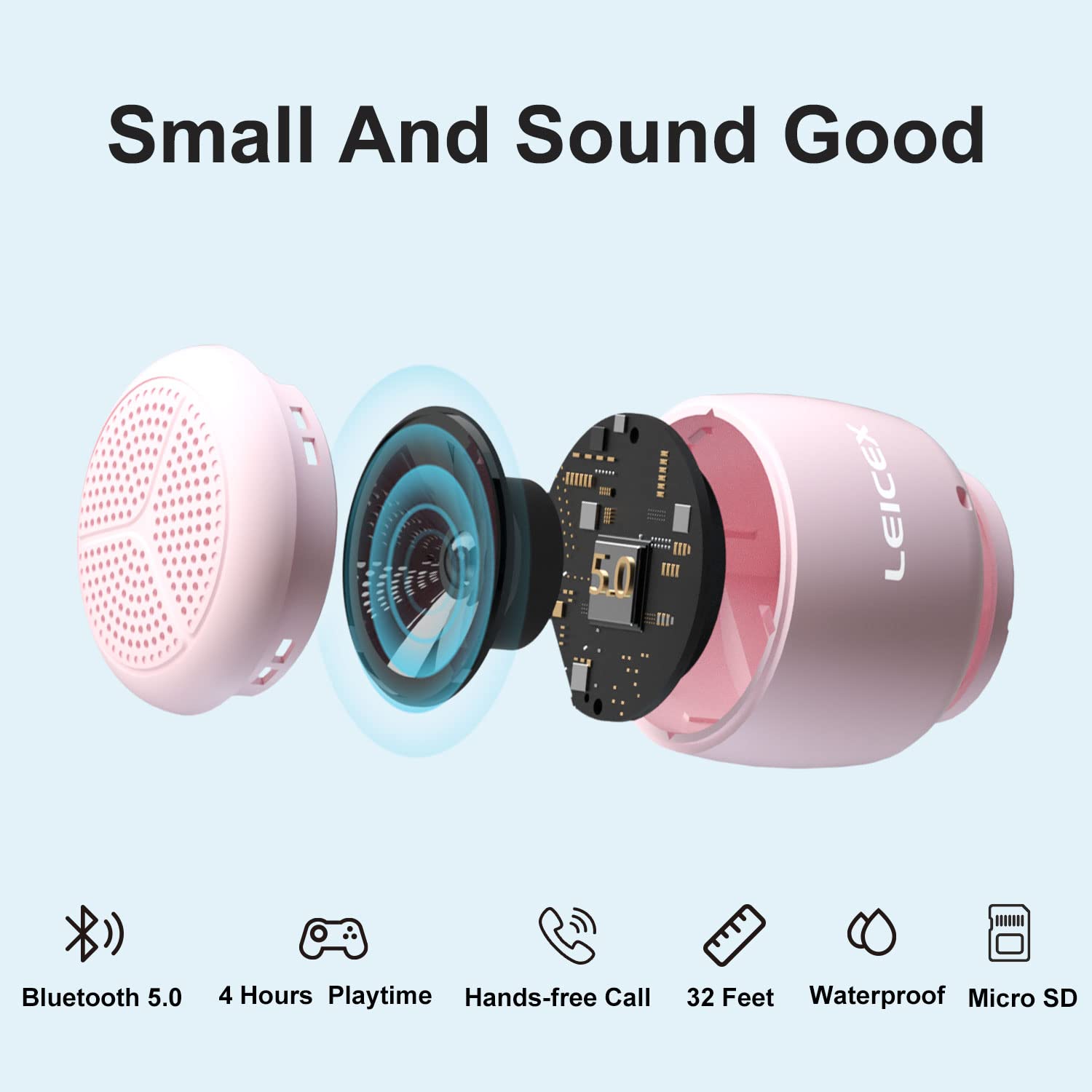 LEICEX Portable Mini Bluetooth Speaker, IP67 Waterproof, Perfect Mini Speaker for Shower, Travel, Room, Bike, Car (Pink) 6