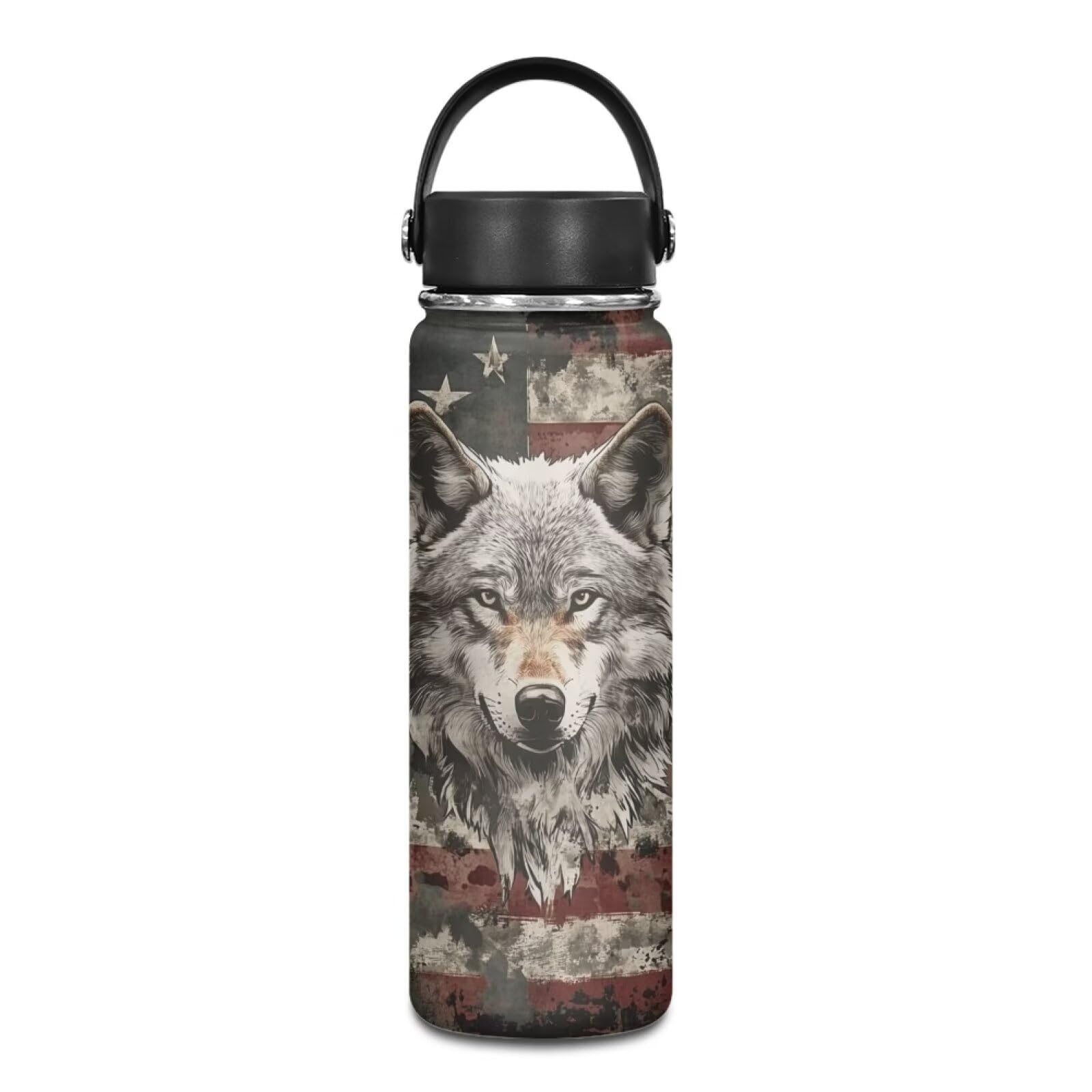 Dolyues Kids Insulated Water Bottle Wolf with American Flag 20oz Stainless Steel Water Bottle Leak-proof Double Wall Vacuum Water Flask for School Gifts for Boys 1