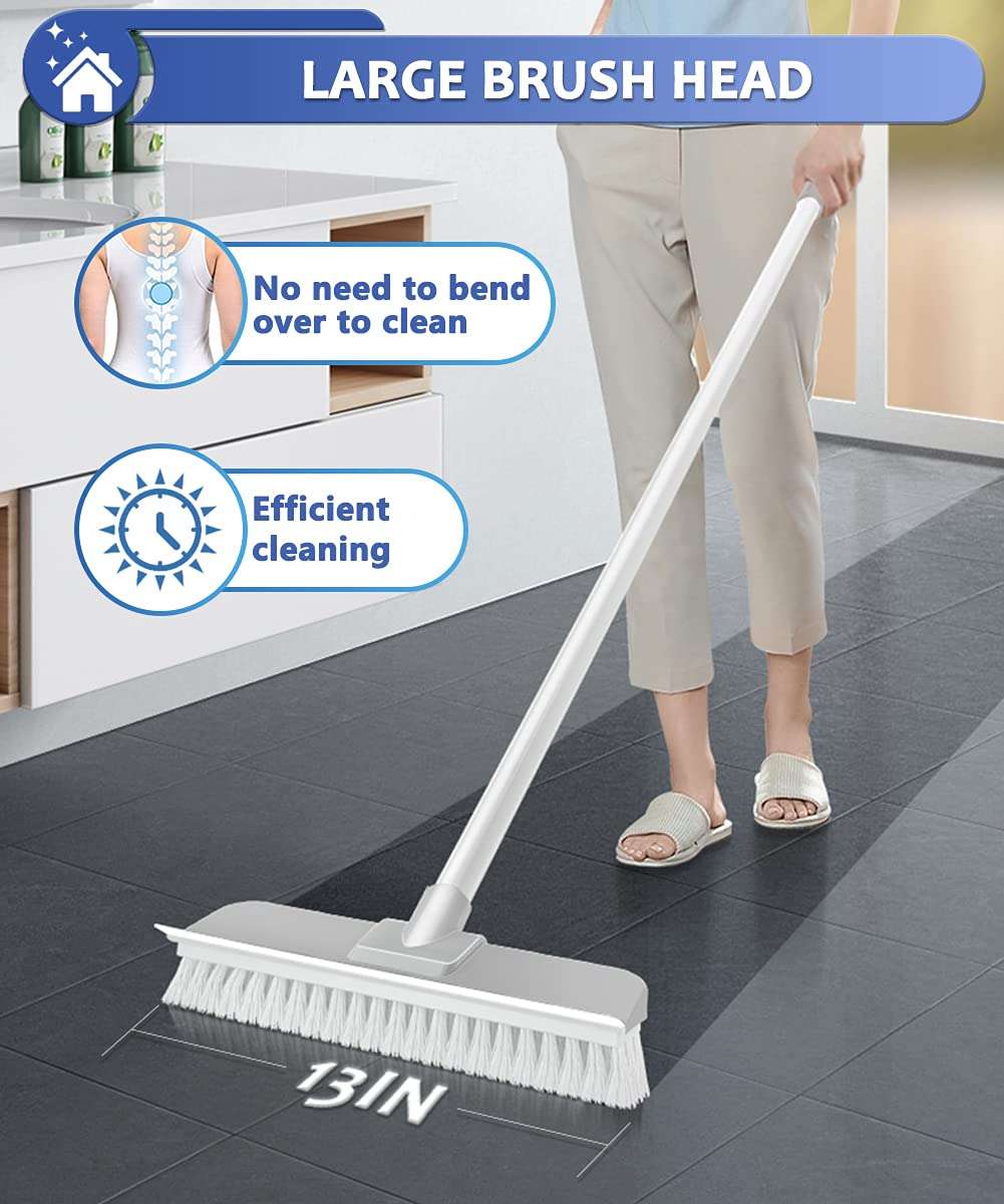 Floor Brush Indoor/Outdoor Push Broom, Stiff Bristles Floor Scrub Brush with Squeegee & 56in Adjustable Long Handle Sweeping Brush for Cleaning Kitchen,Bathroom,Patio,Wood,Stone,Tile Floor (White) 3