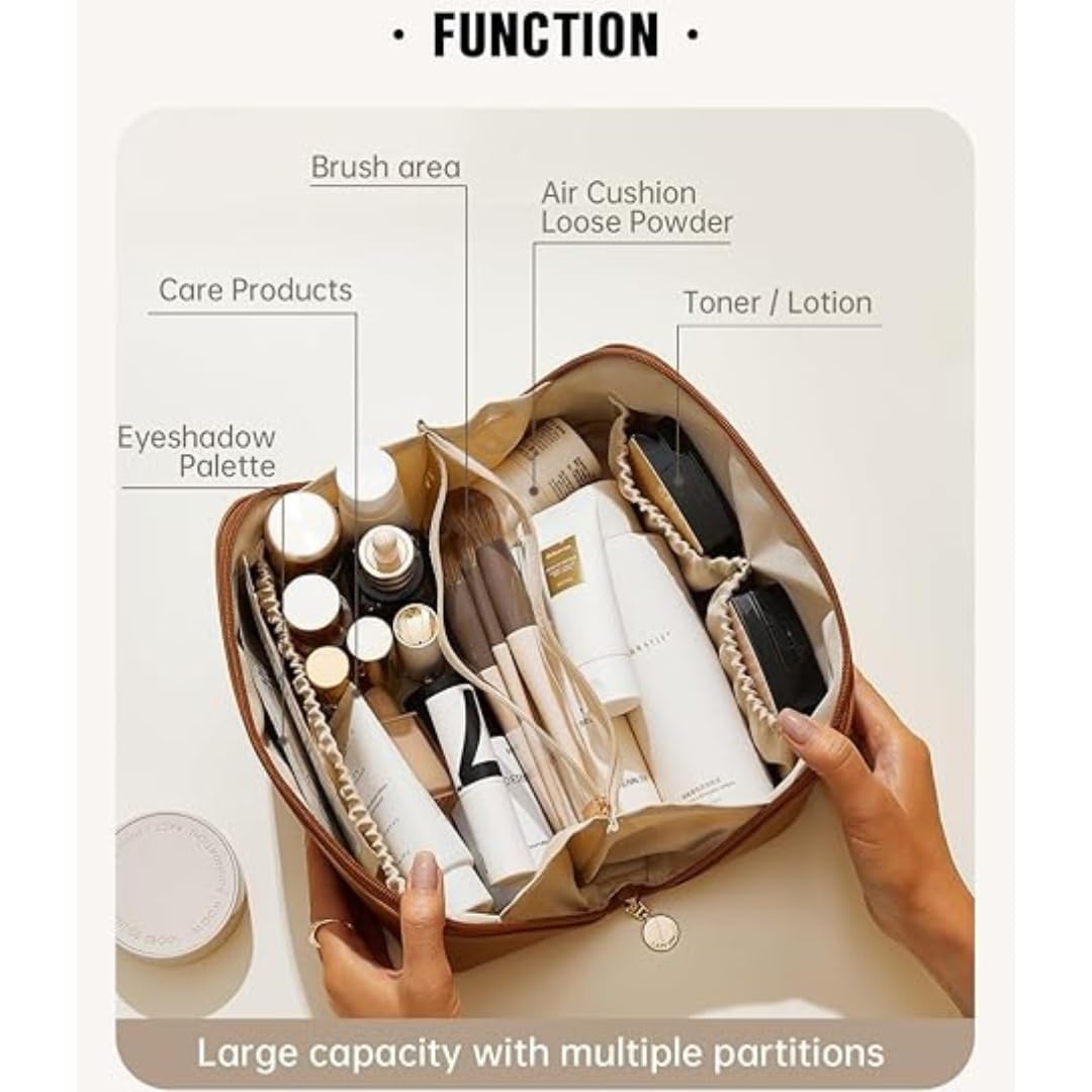 Sprqcart Large Capacity Travel Cosmetic Bag With Handle And Divider - Multifunctional Makeup Bag For Easy Access, Waterproof- (-Brown), 10 Cms 5