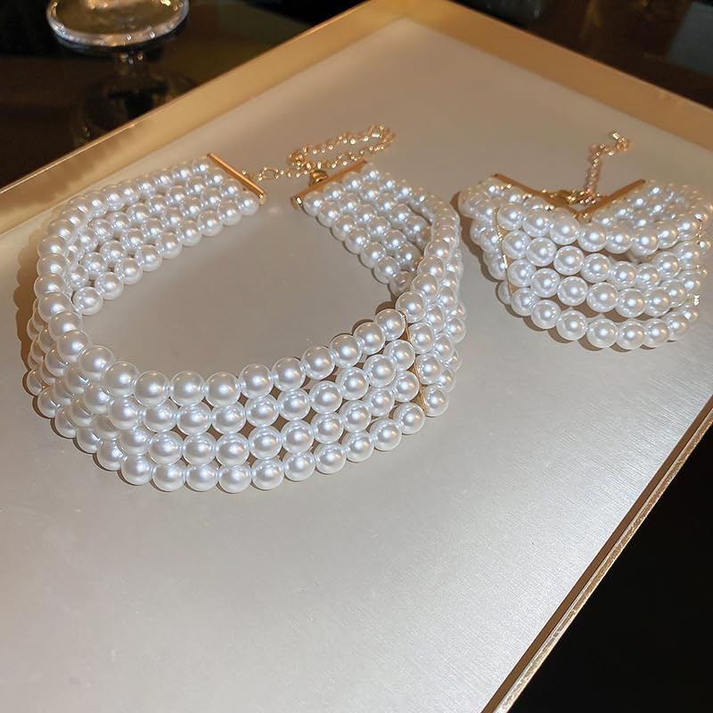 Chargances 2pcs 1920s Faux Pearl Jewelry Set Dainty 4-tier Pearl Necklace Multi-Layered Chunky Bracelet Bridal Wedding Accessories for Women 4