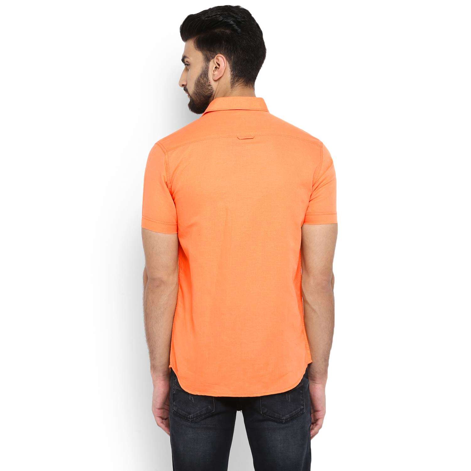 Mufti - MFS-10258-I Men's Solid Orange Half Sleeve Slim Fit Cotton Linen Shirt, 3XL 3