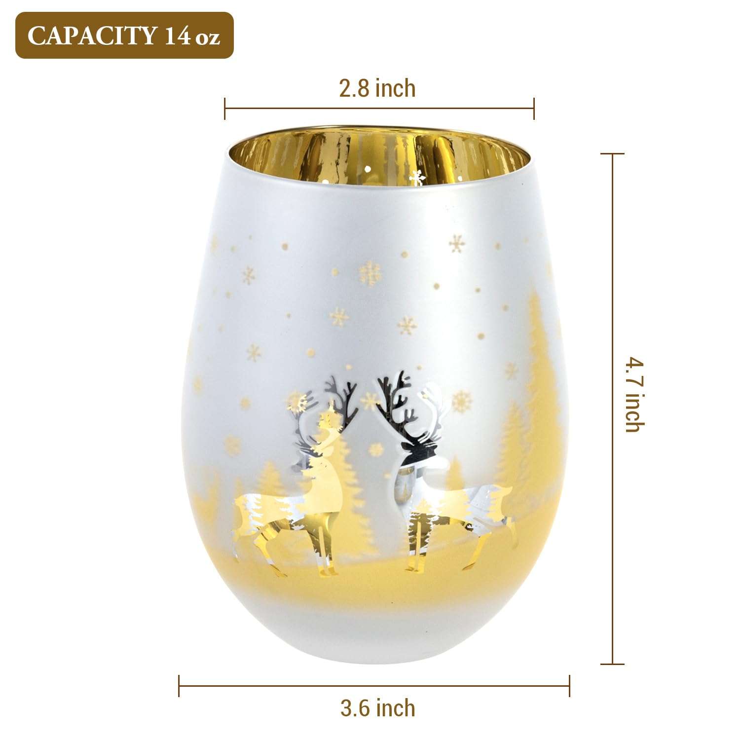 MyGift 14 oz Christmas Stemless Holiday Wine Glasses with Frosted Winter Scene, Festive Glass Drinkware Cups for Xmas Party, Red Green Gold Silver, Set of 4 6