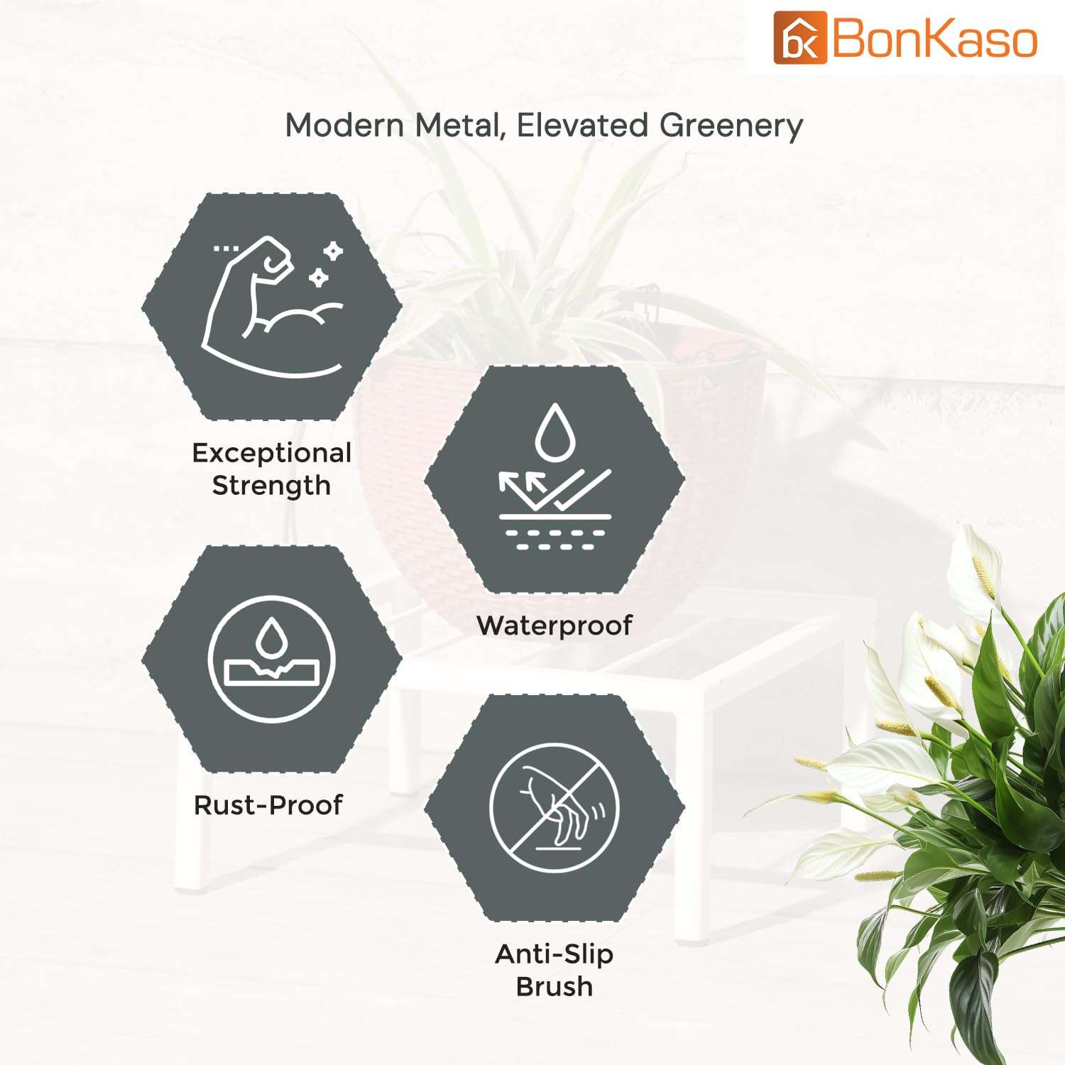 BonKaso Heavy Duty Square White Plant Stand, Pack of 2 Planter Metal Stand for Indoor Potted Plants, Outdoor Plant Stand for Home, Balcony, Garden with Space-Saving Design 4