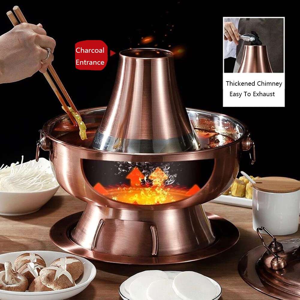 Traditional Chinese Copper Hot Pot,Vintage Shabu Pot,Vintage Copper Hot Pot Charcoal Shabu Shabu Hot Pot Pan Stainless Steel Chinese Cooker Traditional Soup Pot Cookware with Chimney for Home Party Re 4