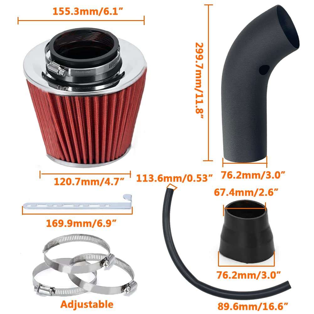 3" Universal Cold Air Intake Kit Intake Pipe Kit Aluminium Automotive Air Intake Air Filter Induction Flow Hose Pipe Kit Red Filter 5