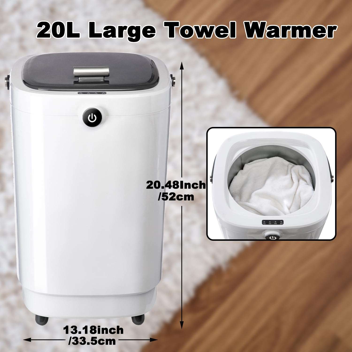 Large Towel Warmer 20L Towel Warmers for Bathroom with 15/30/45/60 Appointment, Portable Handle Towel Warmers Bucket Fits Up to Two 60"X80" Oversized Towels, Bathrobes, Blankets, Grey 3