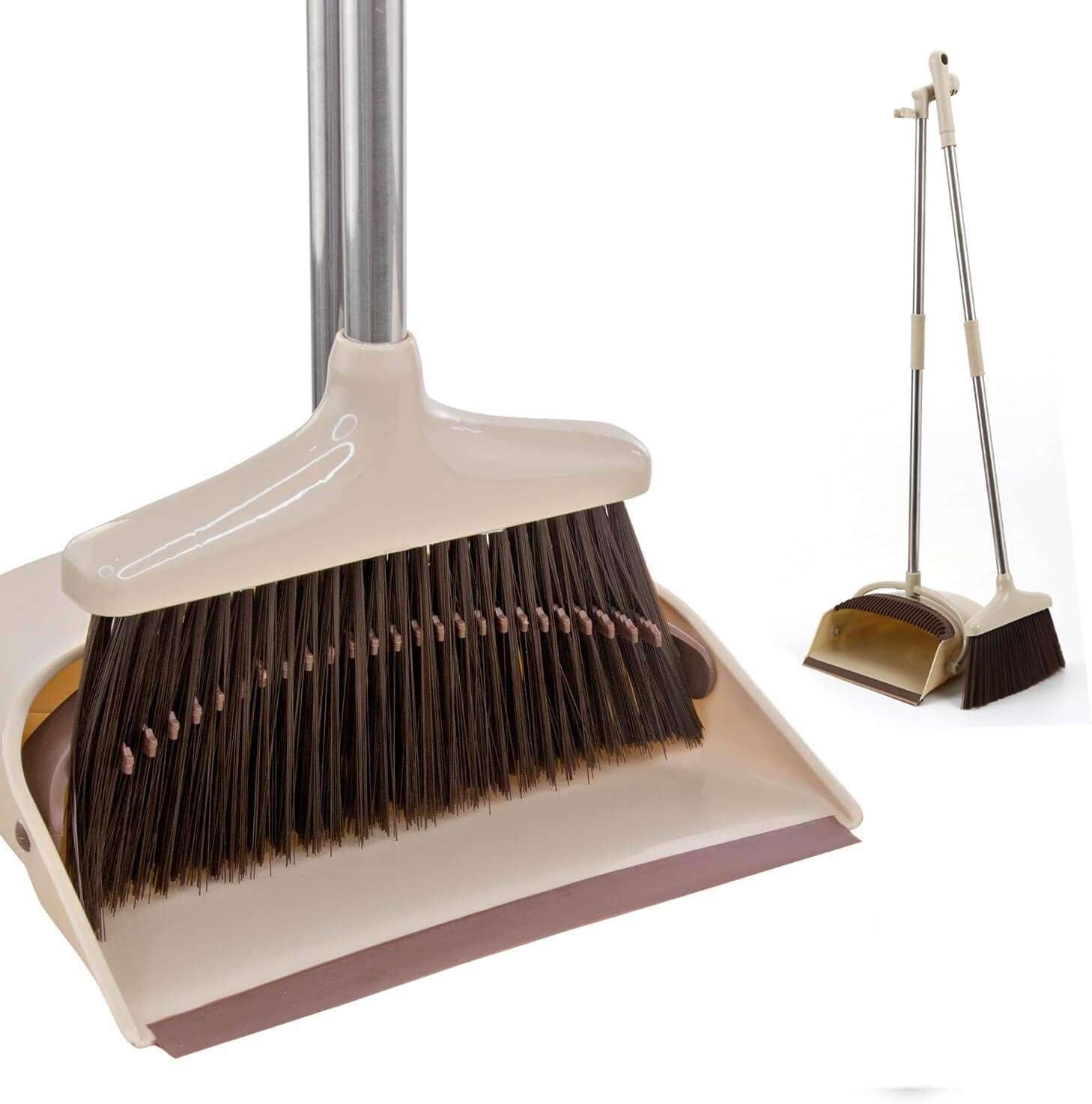 Broom and Dustpan Set with Long Handles, Upright Standing Dustpan, 26 cm Wide Pan, Detachable Handle Design 1