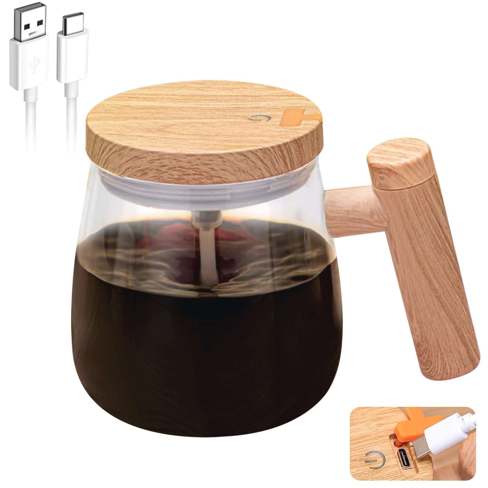 VEREMUND Self Stirring Mug, Rechargeable Self Stirring Coffee Mug, Glass Electric High Speed Mixing Cup, 400ML USB Charging Auto Mixing Cup to Stir Coffee/Milk/Protein Powder at Desk 1