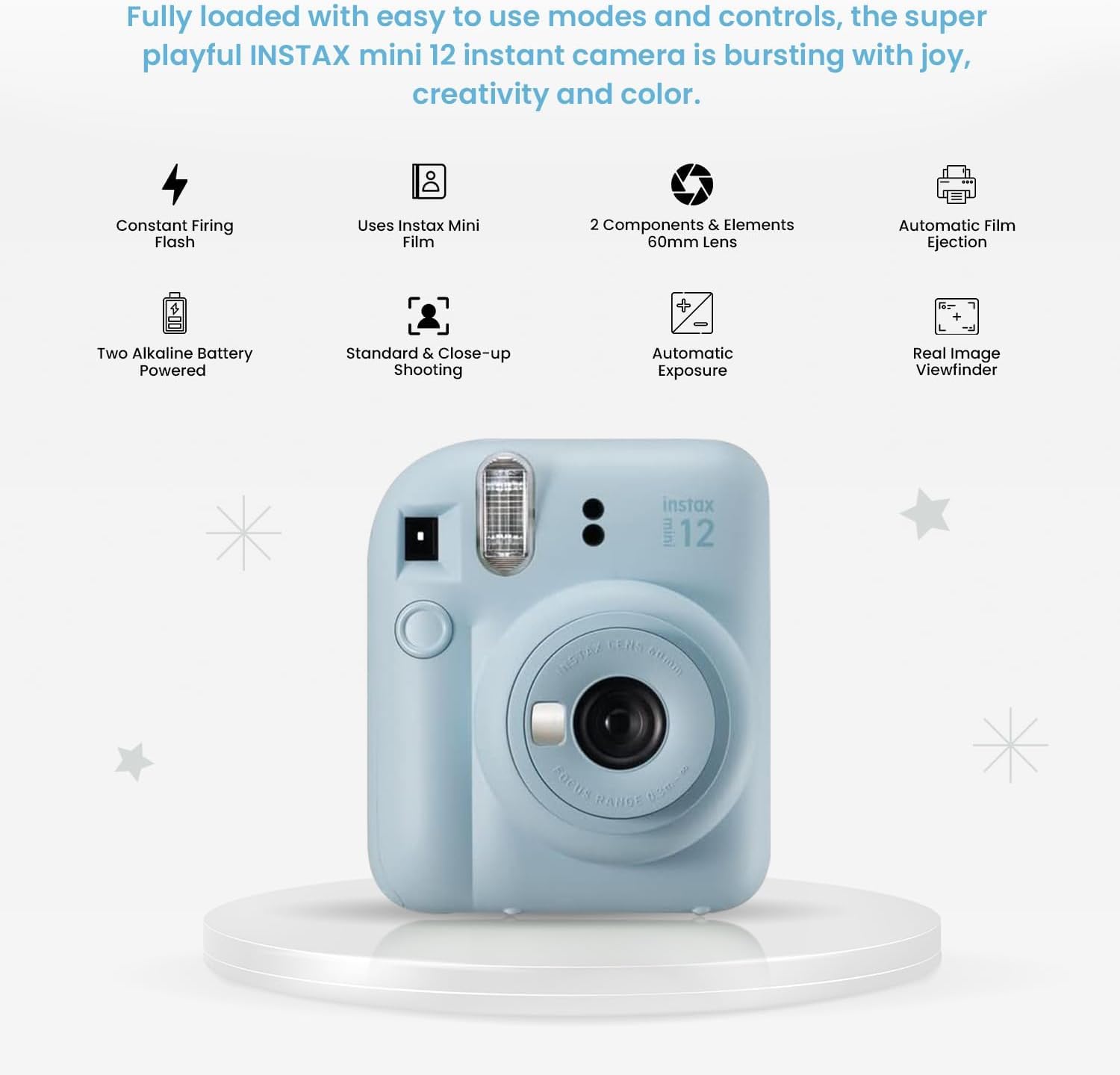 Fujifilm Instax Mini 12 Instant Camera Bundle - Includes 20 Shots Film, Custom Case, Deluxe 60-Pocket Photo Album & BluebirdSales Accessories - Auto Exposure, Selfie Mirror, Pastel Blue 5