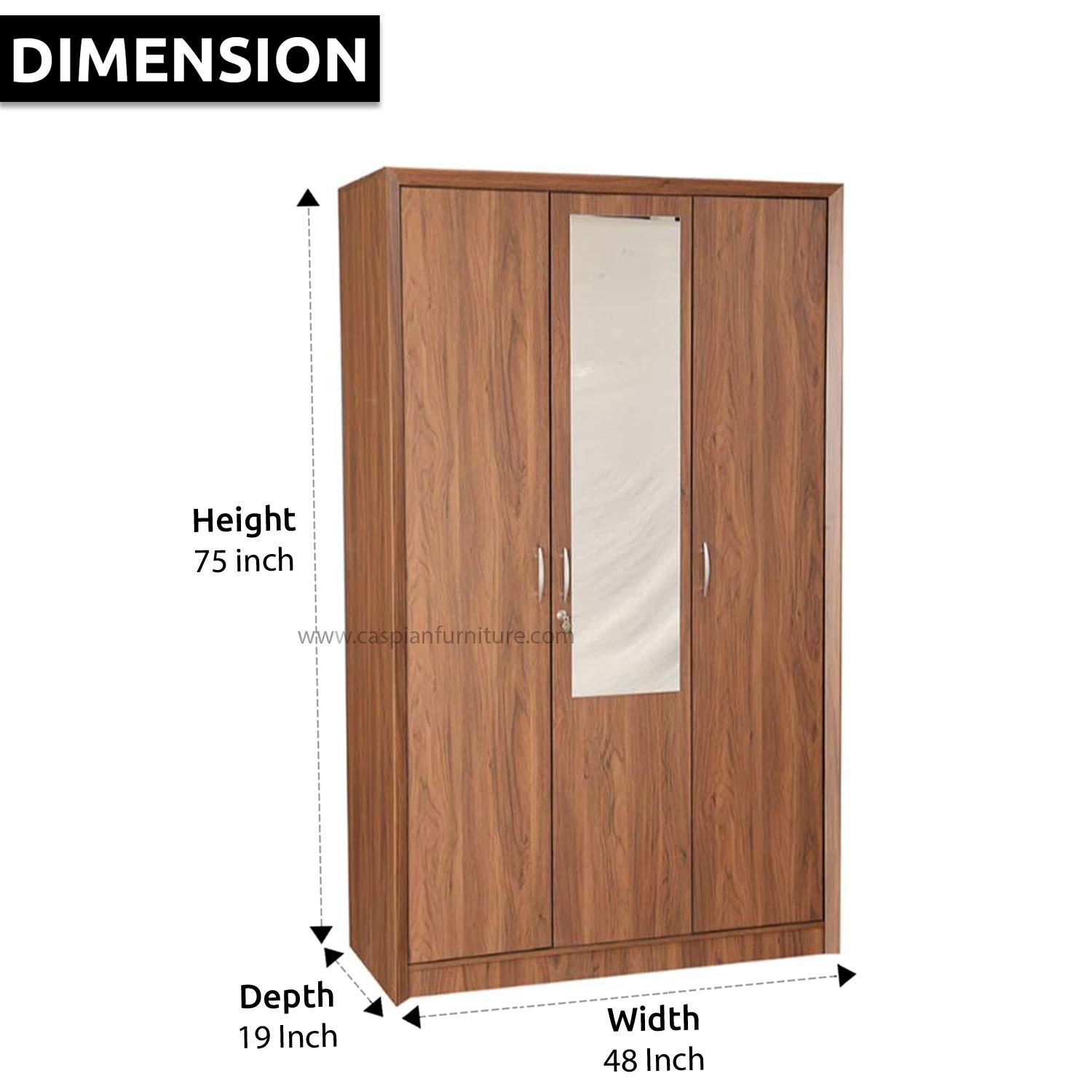 CASPIAN Furniture Light Brown Colour 3 Door Wardrobe Drawer Shelves and Hanging Space for Clothes Wardrobe for Clothes Almirah Cupboard Home Storage with Mirror 6