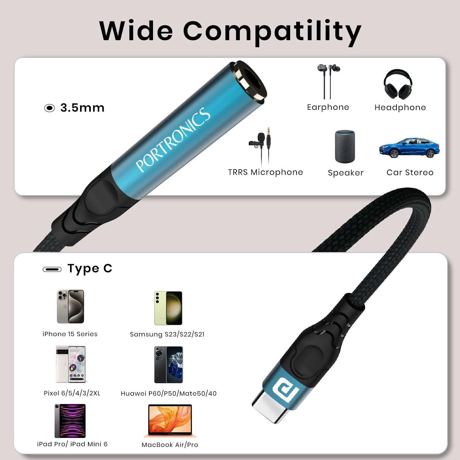 Portronics iKonnect C Pro Type C to 3.5 mm Audio Jack Connector with DAC Headphone Converter Adapter Compatible with iPhone 15 Pro Max/15 Pro/15 Plus, Galaxy S23/S22/S21/S208 & Other Type C Phones 6