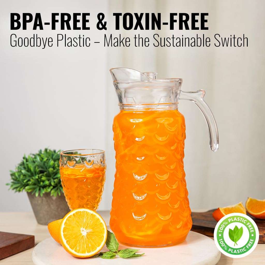 Water Jug - Detox Glass Jugs with Lid for Dining Table - Elegant 1700 ml Transparent Pitcher for Juice, Iced Tea, Infused Water, Milk, Lemonade, Hot & Cold Beverages, WATERJUGS_Laguna_1700ML 4