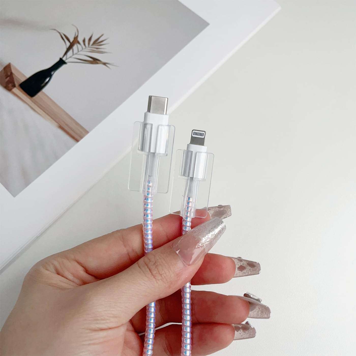 Faneiy for Apple 20W USB-C Power Adapter Charger Protective Case with USB Lightning Cable Cover,Cute Women Flower Floral Data Cable Phone Charger Data Line Earphone Wire Protector,White 6