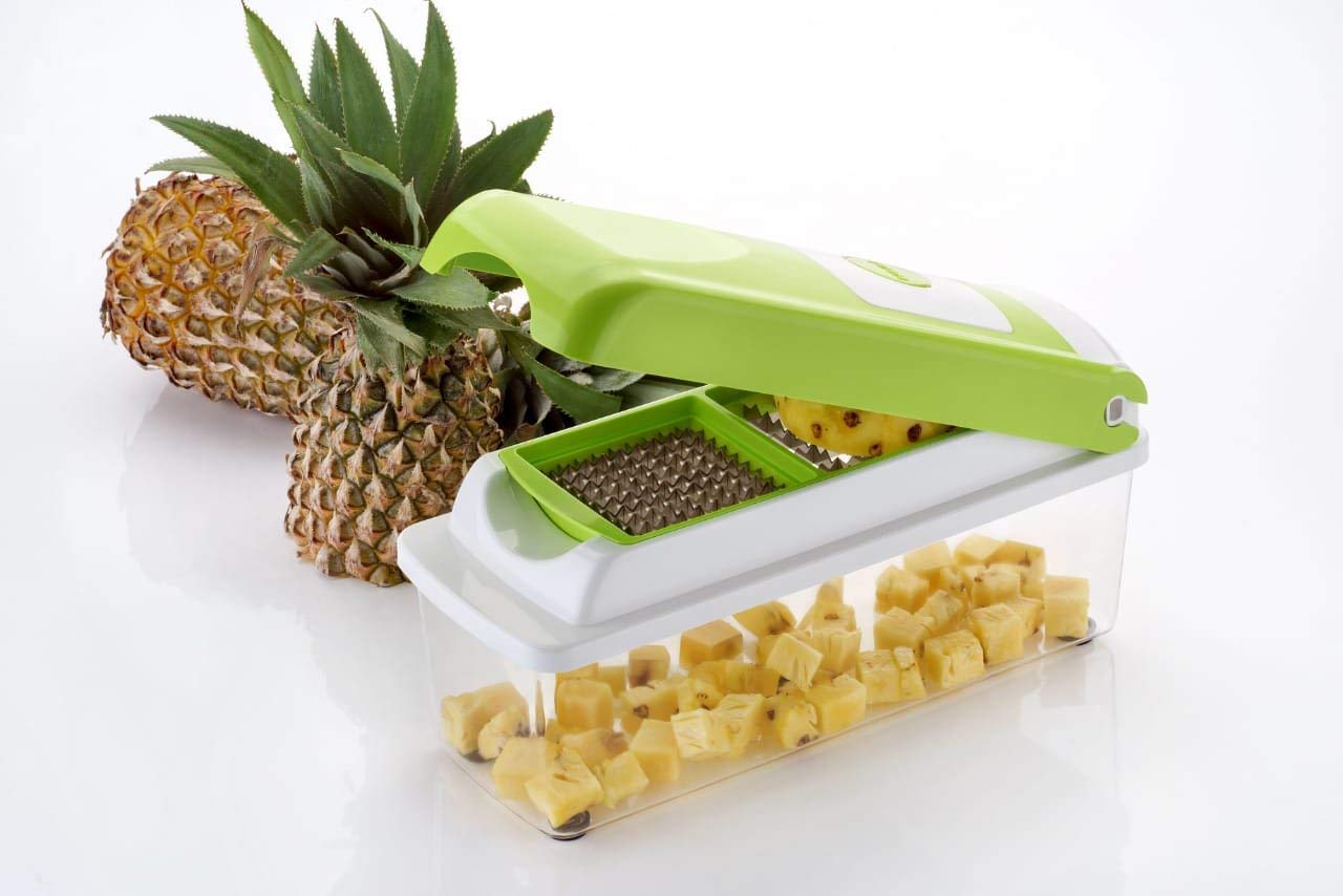BE MALL Multi-Purpose Vegetable and Fruits Grater, Chipser Chopper, Slicer, Cutter and Dicer with 11 Stainless Steel Blades and 1 Pillar, Vegetable Chopper for Kitchen (Green) 4