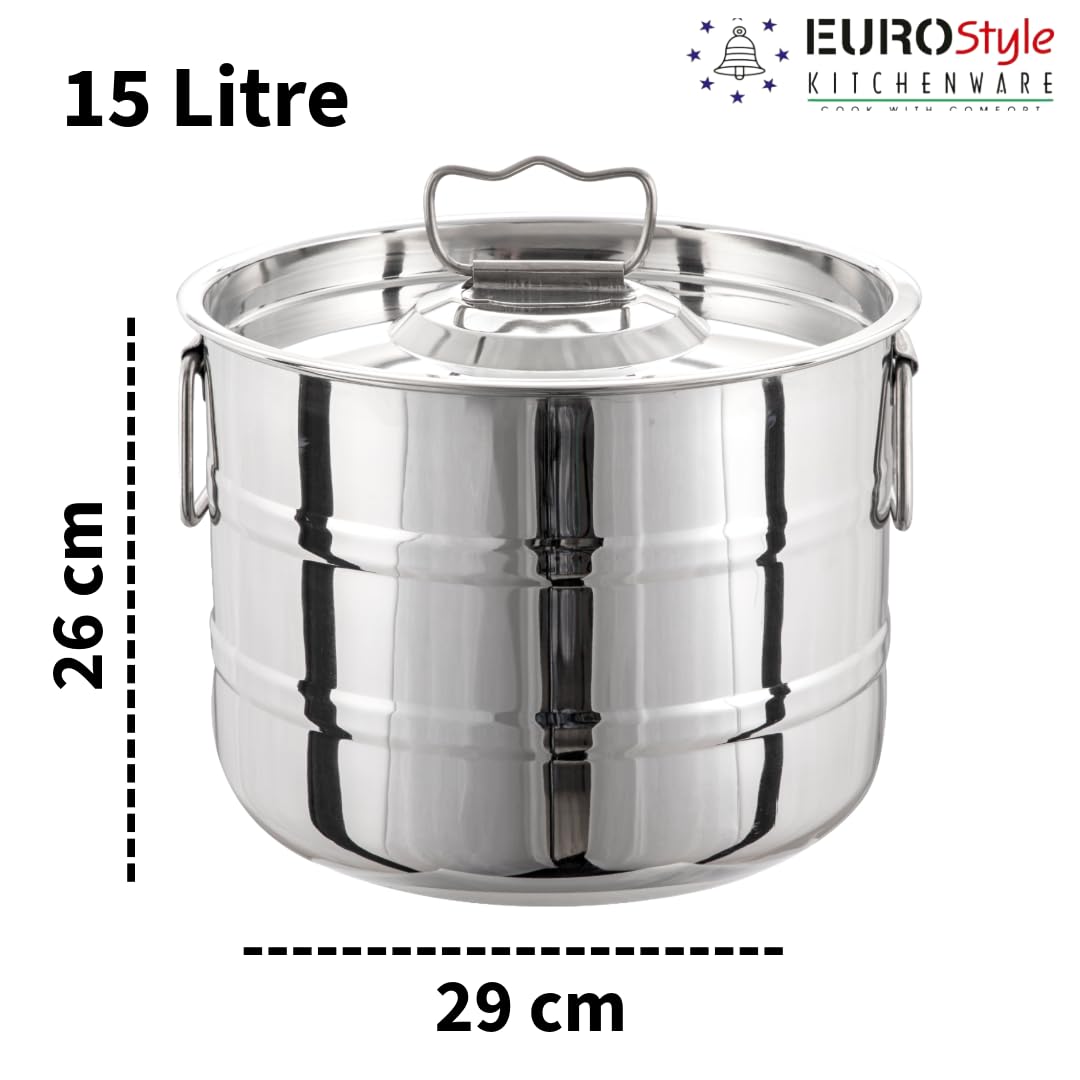 EUROStyle Stainless Steel Kopparai Combo Set of 2 (15L & 20L) – Multipurpose Heavy-Duty Cook - For Large Preparation & Store Pots for Rice, Curries, and Kitchen Storage - For Healthy Cooking & Storage 4