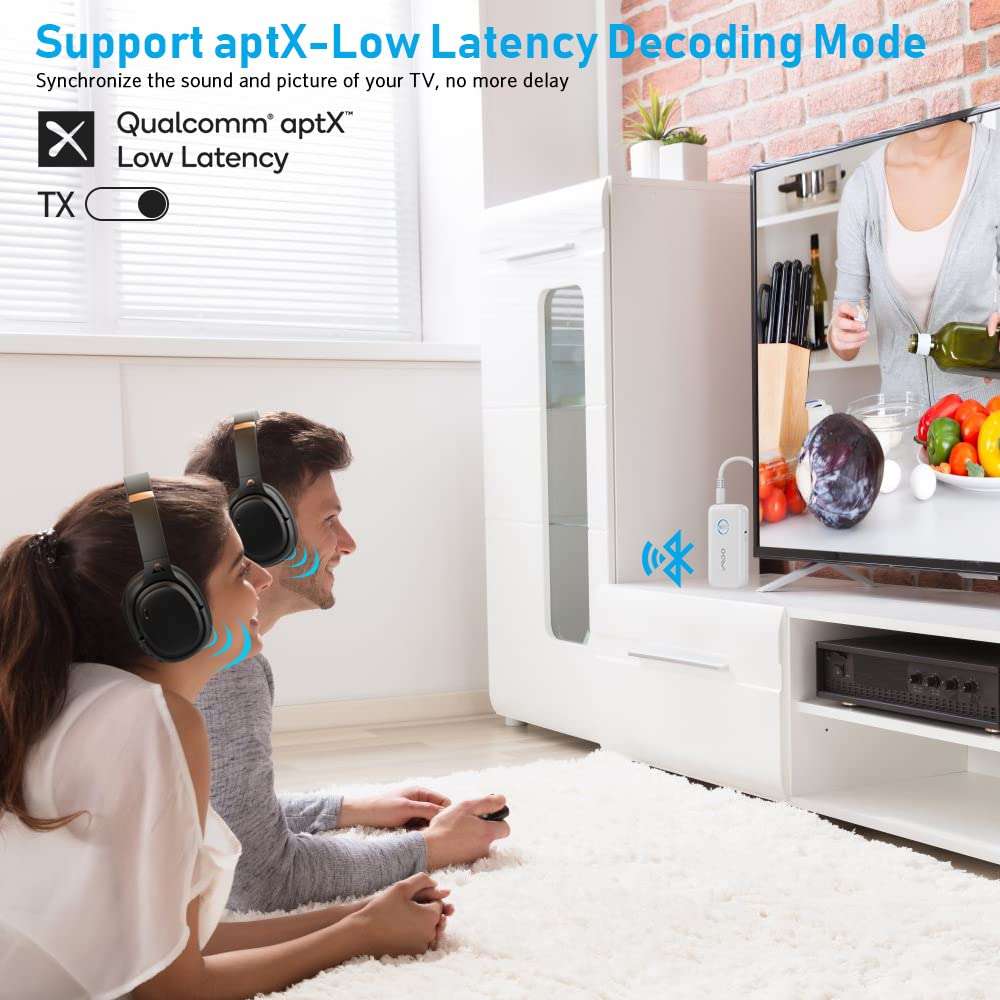 YMOO Bluetooth 5.3 Transmitter Receiver for 2 Wireless Headphones/Speaker/Airplane, 3.5mm Jack AUX Bluetooth Audio Adapter, 22h Long Range AptX Low Latency for Smarphone/Tablet/PC/TV/Home Stereo 3