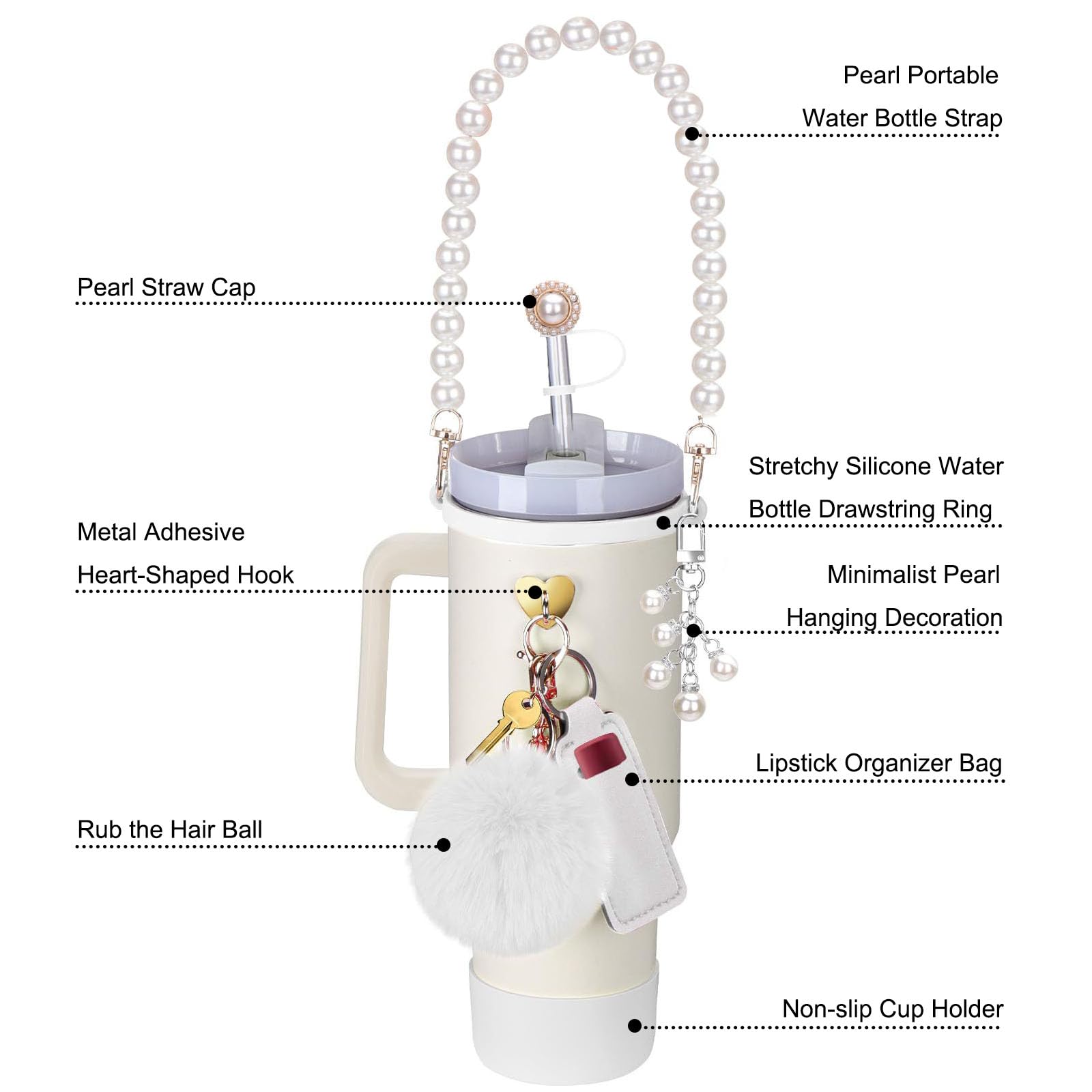 Accessories Set for Stanley Cup 40oz & 30oz Tumbler, Pearl Water Bottle Handle Strap, Silicone Boot, Straw Topper Cover Cap, Chapstick Holder, Charms, Gifts for Women 8 PCS (White) 3