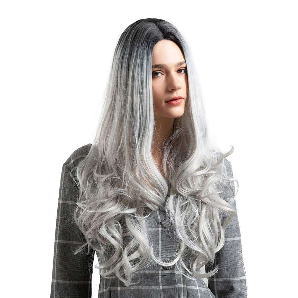 Black Grey Gradient Long Curly Faux Hair Wig Women Party Cosplay Hairpiece 2