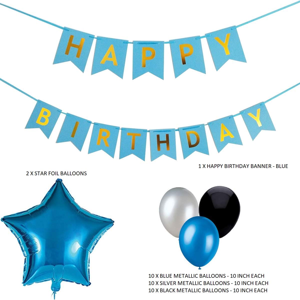 Theme My Party Blue and Silver Black with Blue Star foil Happy Birthday Banner Party Decorations 3
