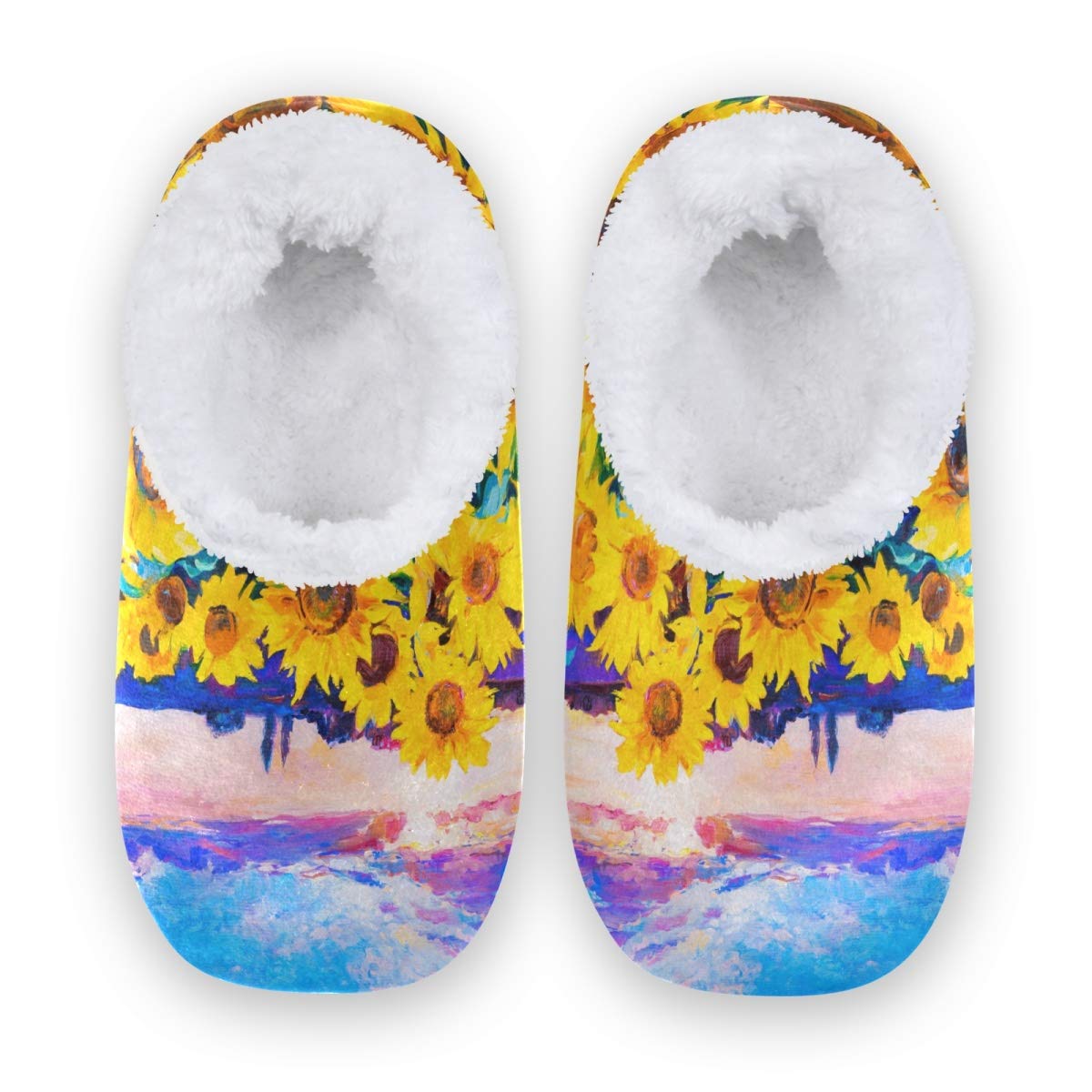 linqin Fuzzy Feet Slippers for Women and Men, Winter House Slippers Soft Warm Indoor Bedroom Home Shoes with Non Skid Sole - Oil Painting Sunflower, 1 1