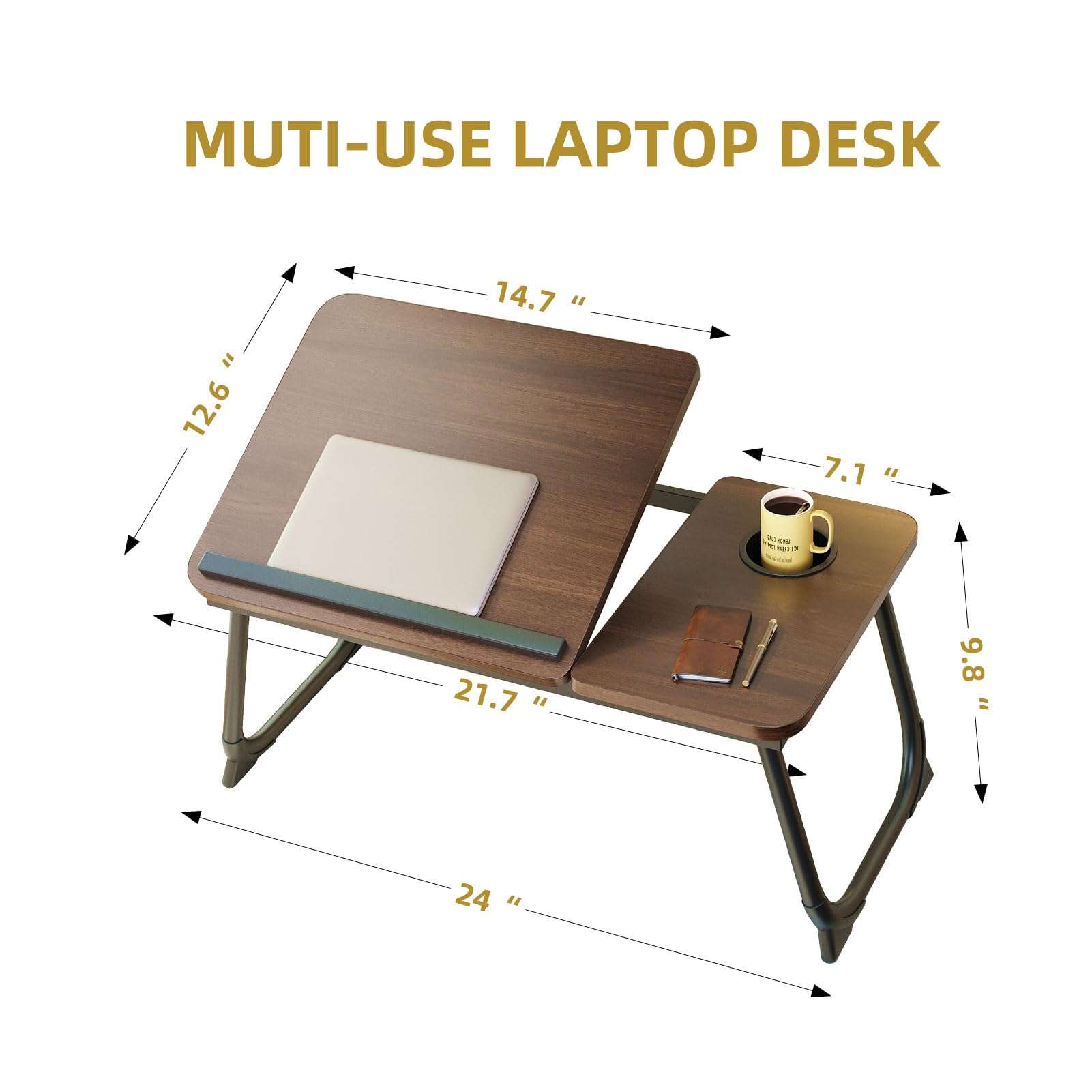 YPRNM Bed Desk for Laptop, Foldable Laptop Table for Bed and Sofa, Bed Trays for Eating and Laptops with Cup Holder, 5 Levels of Adjustable Height(Black Walnut) 3