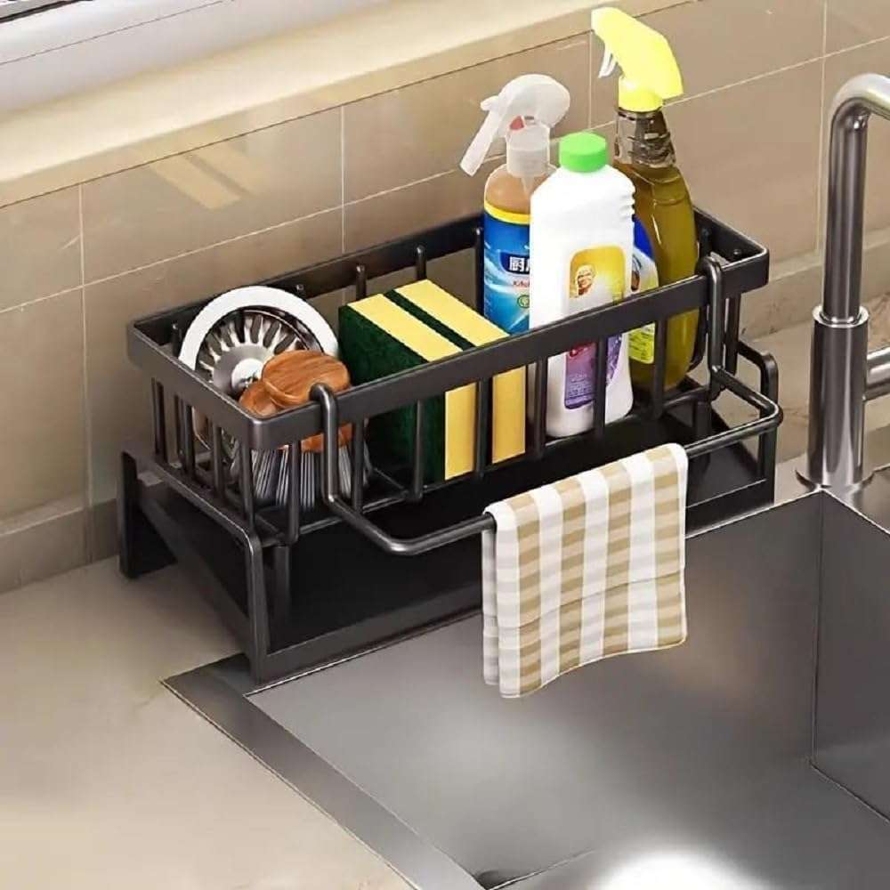 SHOPSUTRA Kitchen Sink Organiser with Drain Tray, Countertop Storage Rack for Dish Soap Sponge Scrubber, Metal Wire Design, Black 1