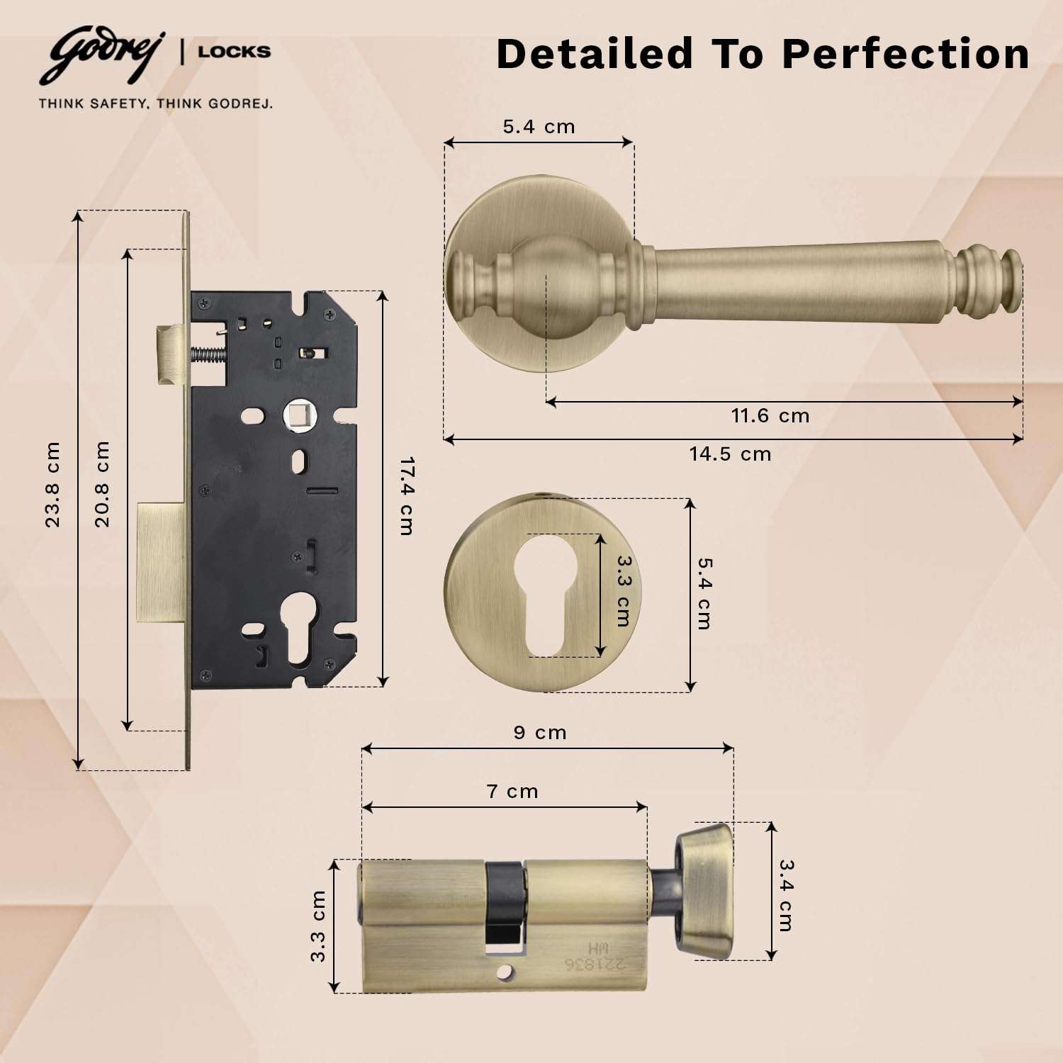 Godrej Mortise Lock|Handle Lock Set for Main & Bedroom Door|HDH 12 Brass Home Décor Handle|Satin Steel Finish|10 inch Lockbody|60 mm Cylinder Key Outside& knob from Inside 4 Keys |5 Years Warranty 6