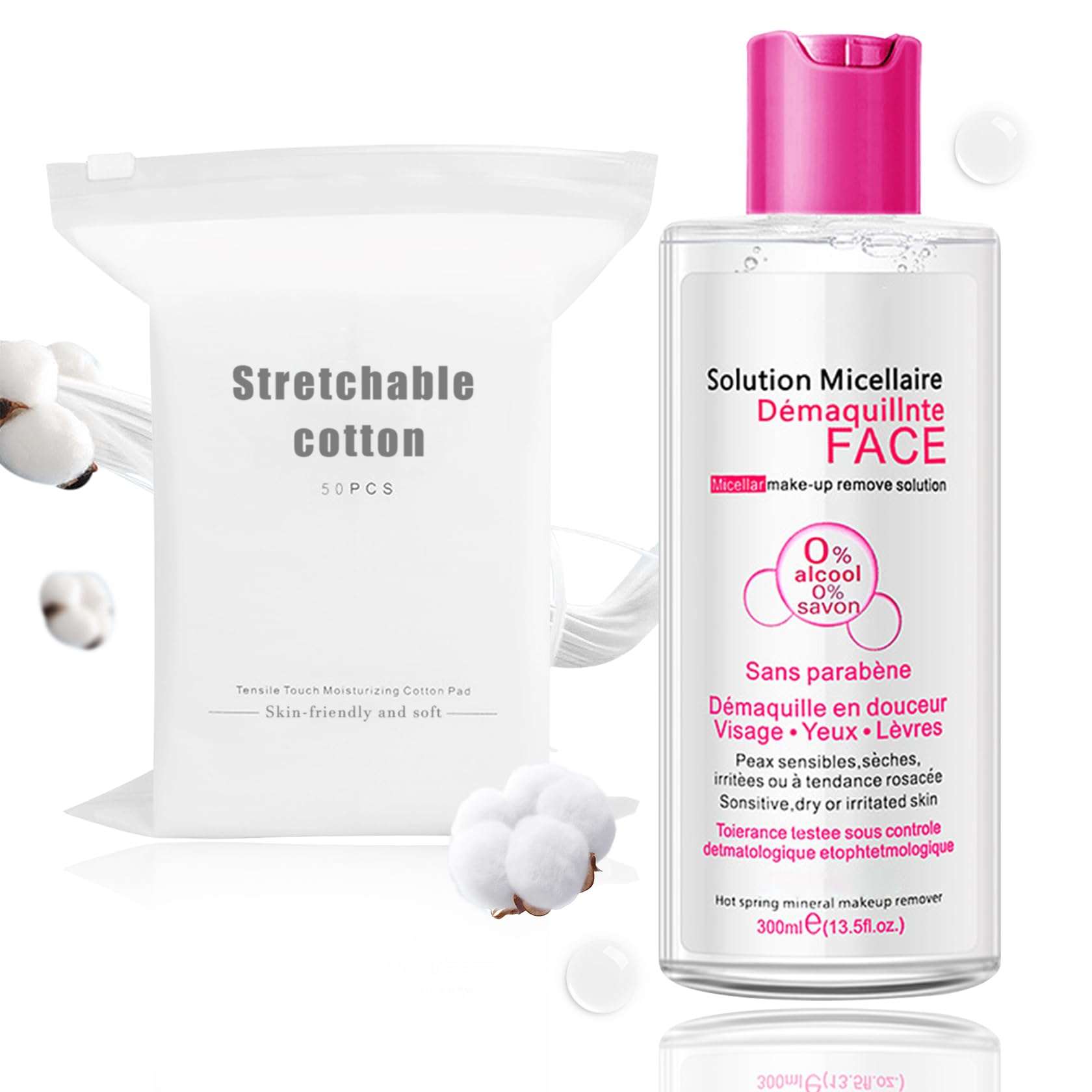 DWDiWen Refreshing Hydrating Facial Cleanser & Makeup Remover for Waterproof Makeup,Cleansing Gentle Make up Remover Water Skin Care Set with Makeup Remover Cotton Pads 1