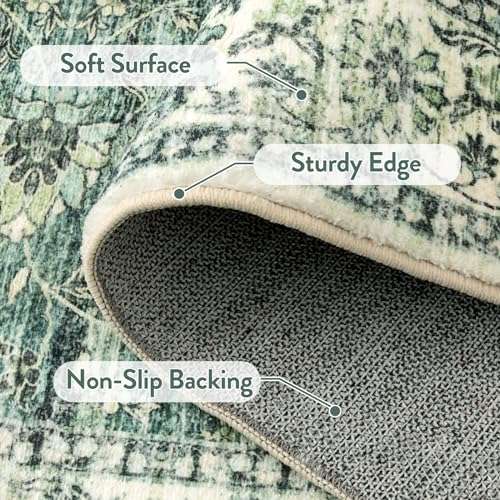 LIVEBOX Green Washable 2x6 Runner Rug for Entryway, Non Slip Kitchen Mats for Floor Bathroom, Vintage Indoor Front Door Mat Low-Pile Runners for Hallways Bath Laundry, Green 3