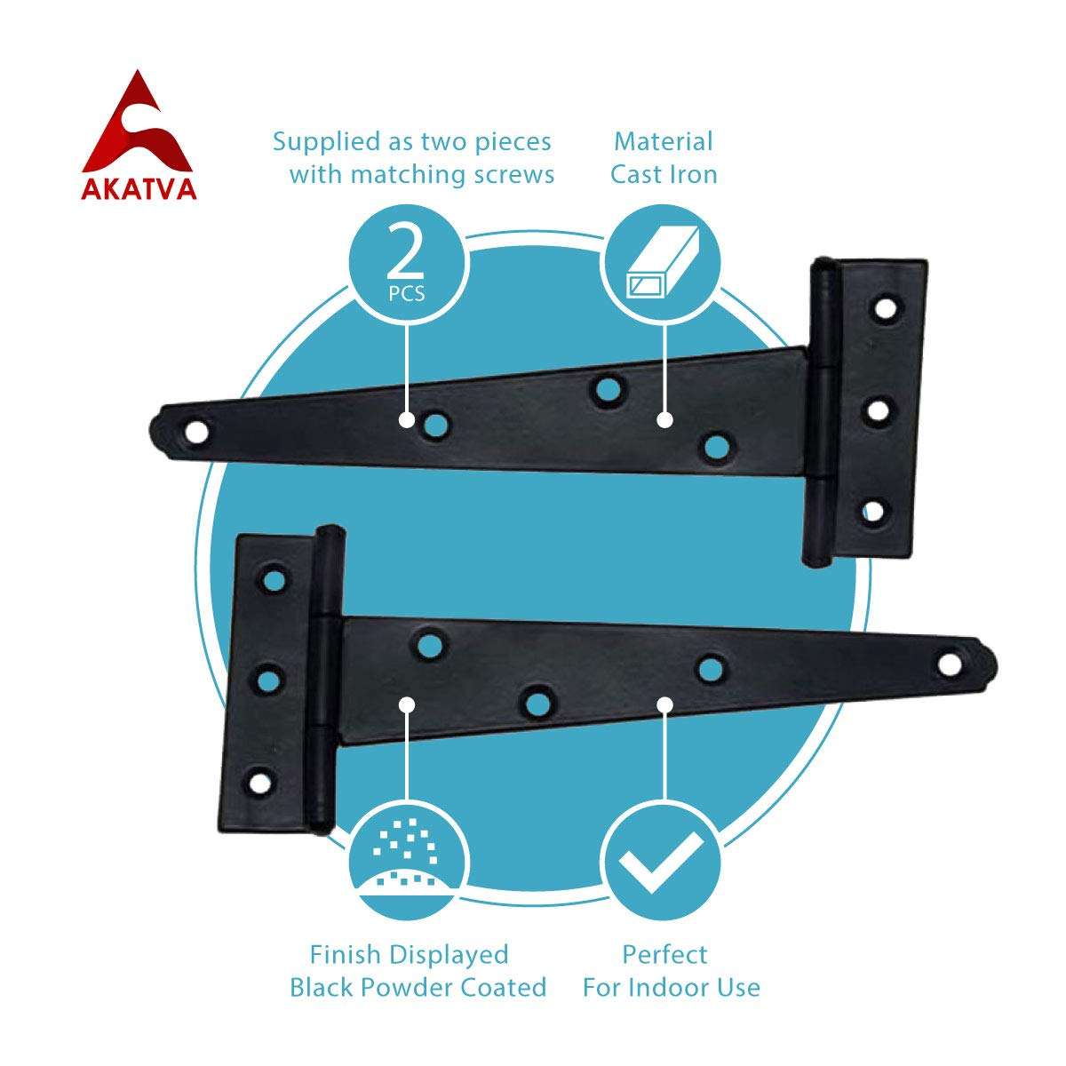 Akatva T Hinge Set - 4-Piece Light Duty Gate Hinges for Wooden and Metal Fences, Doors, Cabinets - Antique Iron Barn Shed Door Hinges Hardware Kit - Easy Setup Indoor, Outdoor Fence Strap Hinge Set 5