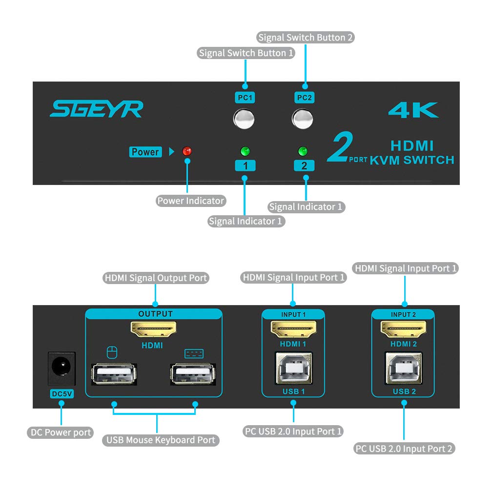 SGEYR 4K KVM Switch HDMI v1.4 2 Port KVM USB Switch 2 In 1 Out Keyboard and Mouse Switcher Support 4K 30Hz Full HD 3D 1080P USB 2.0 Device for TV PC Projector Game Consoles 6