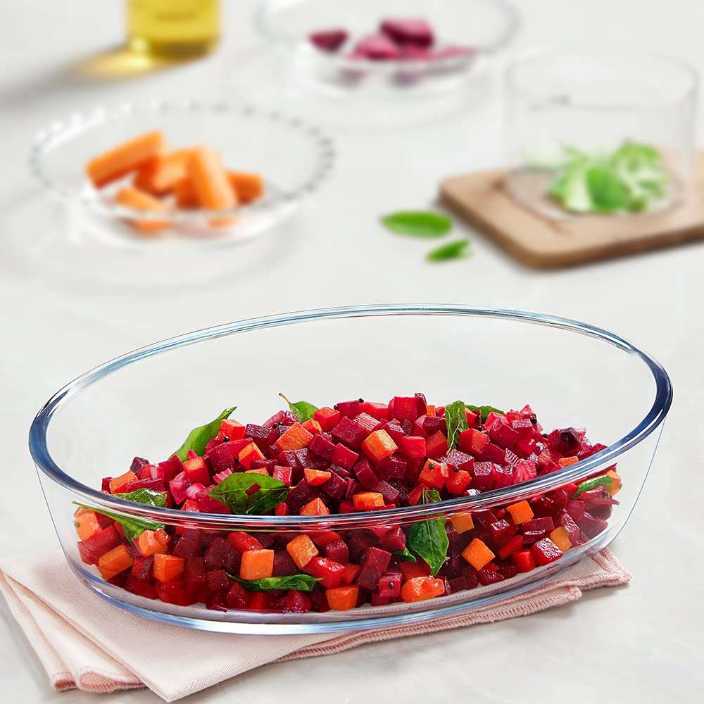 Borosil Glass Solid Mixing & Serving Bowls with Lids, Oven & Microwave Safe Bowl, Set of 2 (900 Ml, 900 Ml), Borosilicate Glass, Clear & Borosil Glass Baking Dish, 1.6 L, Transparent, 1 Piece 6