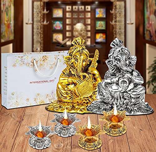 Silver Ganesh with Shehanais and Golden Ganesh with Sitar Instrument Statue Oxidized Finish with Beautiful Gift Box Packing and with Carry Bag and 4 pics jyot Set (11.5 Cm X 11 Cm X 9.5 Cm 2