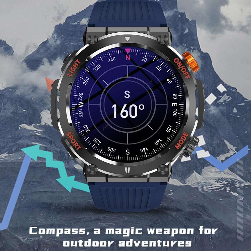 QTLLBT Outdoor Smart Watch 1.46 -inch HD LED Flashlight Compass (answering/Call) Fitness Tracker Smart Watch Meter Measuring The Media News. View Weather Forecast（Blue） 4