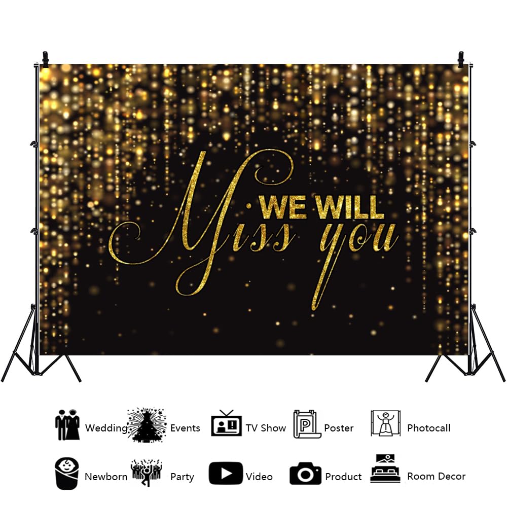 YongFoto Happy Retirement Backdrop 7x5ft We Will Miss You Black Gold Glitter Photography Background Going Away Goodbye Farewell Office Work Congrats Retirement Party Banner Portraits Photo Props 3