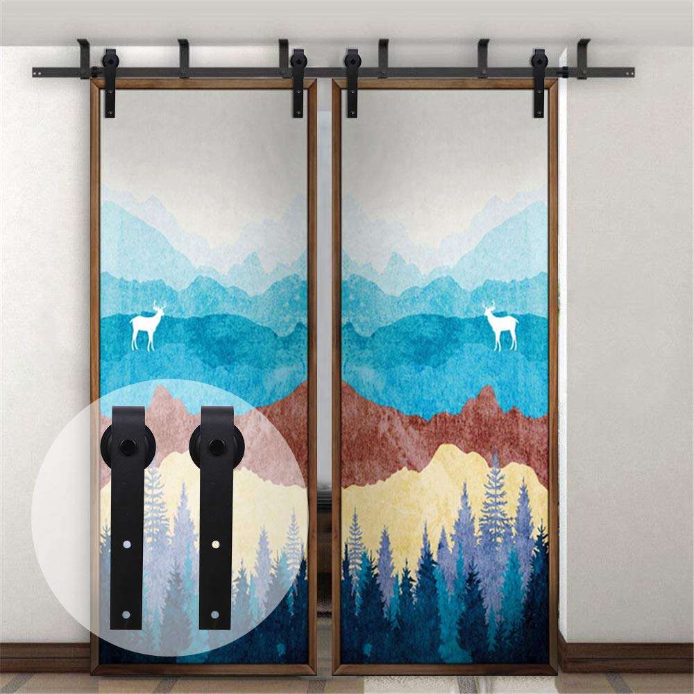 Ceiling Mount Barn Door Hardware Kit 6ft, CCJH Sliding Track for Kitchen Cabinet Black, Fit 18" Wide Double Door Panels [J Shape Hanger] 5