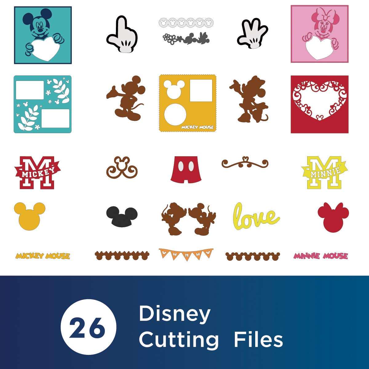 Brother ScanNCut Disney Pattern Collection 1 CADSNP01, Classic Mickey & Minnie Mouse, 26 Designs Disney Vinyl Decals, DIY Valentine's Cards, Appliques with Mickey Ears, Gloves, Hearts, Banners & More 3