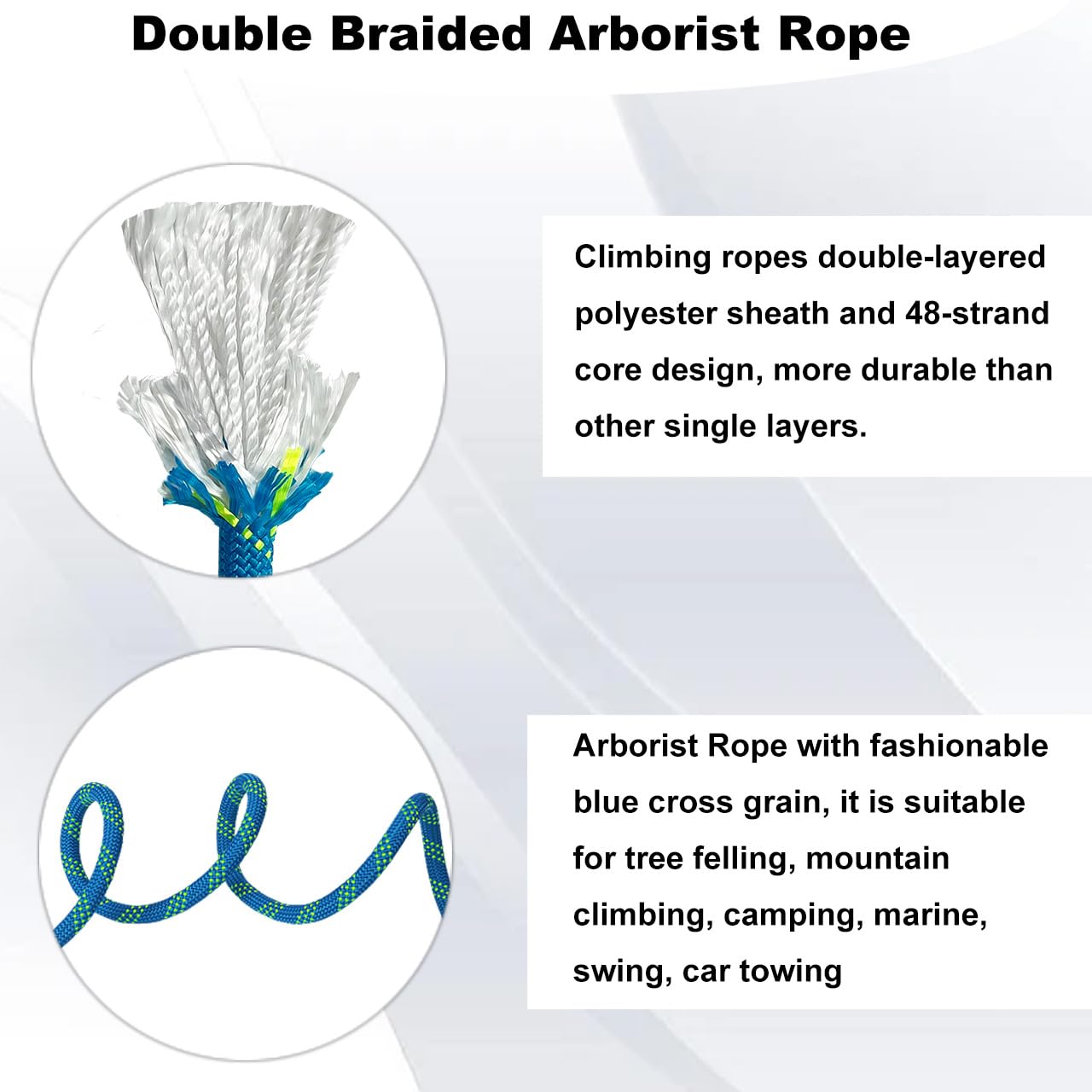 Double Braided Arborist Rope -1/2 Inch x 150 Feet Polyester High Strength Climbing Rope for Tree Work, Halyard, Sailing (Blue/Green) 5
