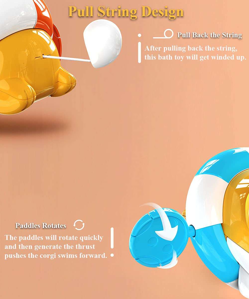 NEXTAKE Bath Toy Pull and Go Corgi Bathtub Toy Windup Swimming Corgi Po String Tub Toy Rowing Puppy Floating Water Toy for Boys and Girls 9 (Blue) 6