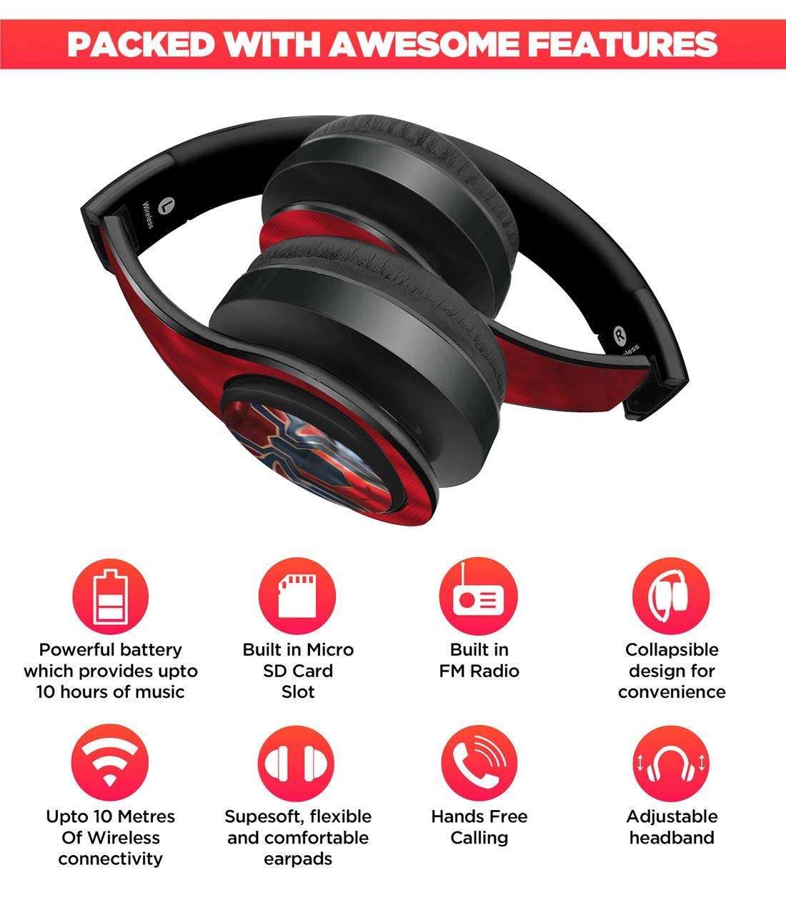 Macmerise Suit up Ironman On-Ear Bluetooth Headphone with Upto 10 Hours Playback, FM Radio, SD Card, Soft Padded Ear Cushions and Passive Noise Isolation | Decibel Wireless Headphone 4