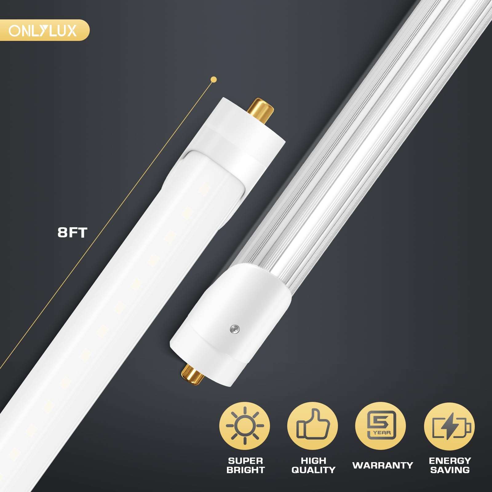 ONLYLUX 8 Foot Led Bulbs T8 T12 LED 8ft Tube Light F96T8 F96T12 LED Bulb 96" FA8 Single Pin LED Fluorescent Replacement, (100W Fluorescent Equivalent) 6500K CW Daylight Milky Cover, 10 Pack 4