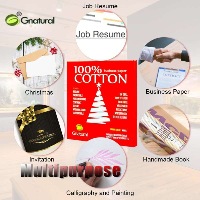 100% Cotton Business Paper, 8.5 x 11 inch 24lb Inkjet Laser Printing Paper, White Color Waterproof Watermark Paper- 100 Sheets Low Starch 6