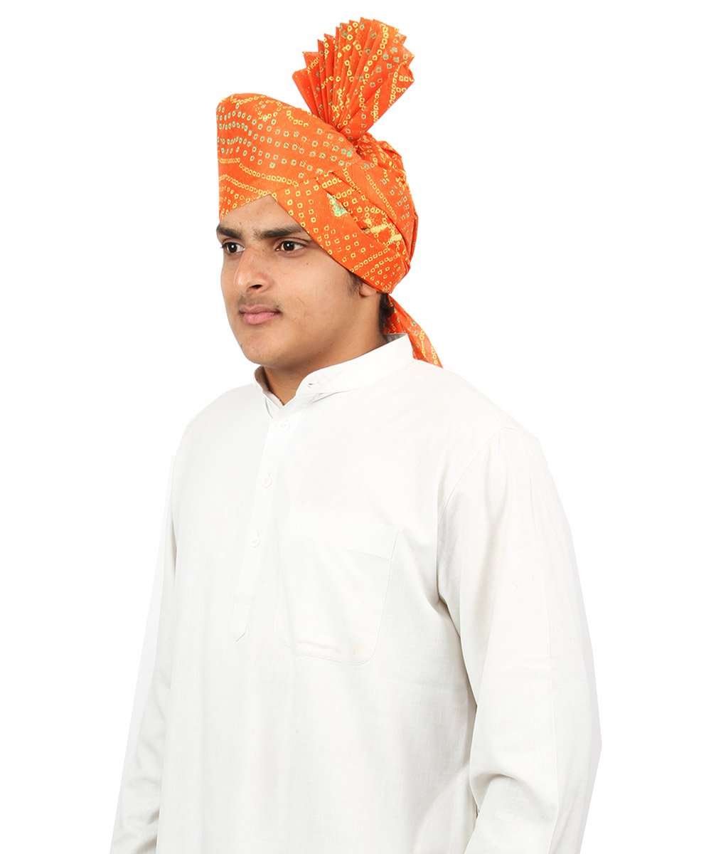 KALAPURI Traditional Handstitched Ready to Wear Khadi Print Roto Jari Orange Pheta (Turban Safa) for Men for Wedding/Marriage and Traditional Function 3