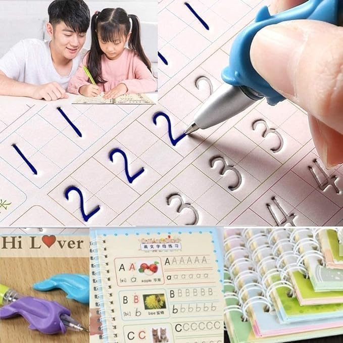 Magic Practice Copybook for Kids, Reusable Calligraphy and Number Tracing Workbook Set, 4 Books with 10 Refills and 1 Pen, Ages 3+, Preschool Learning Kit 3