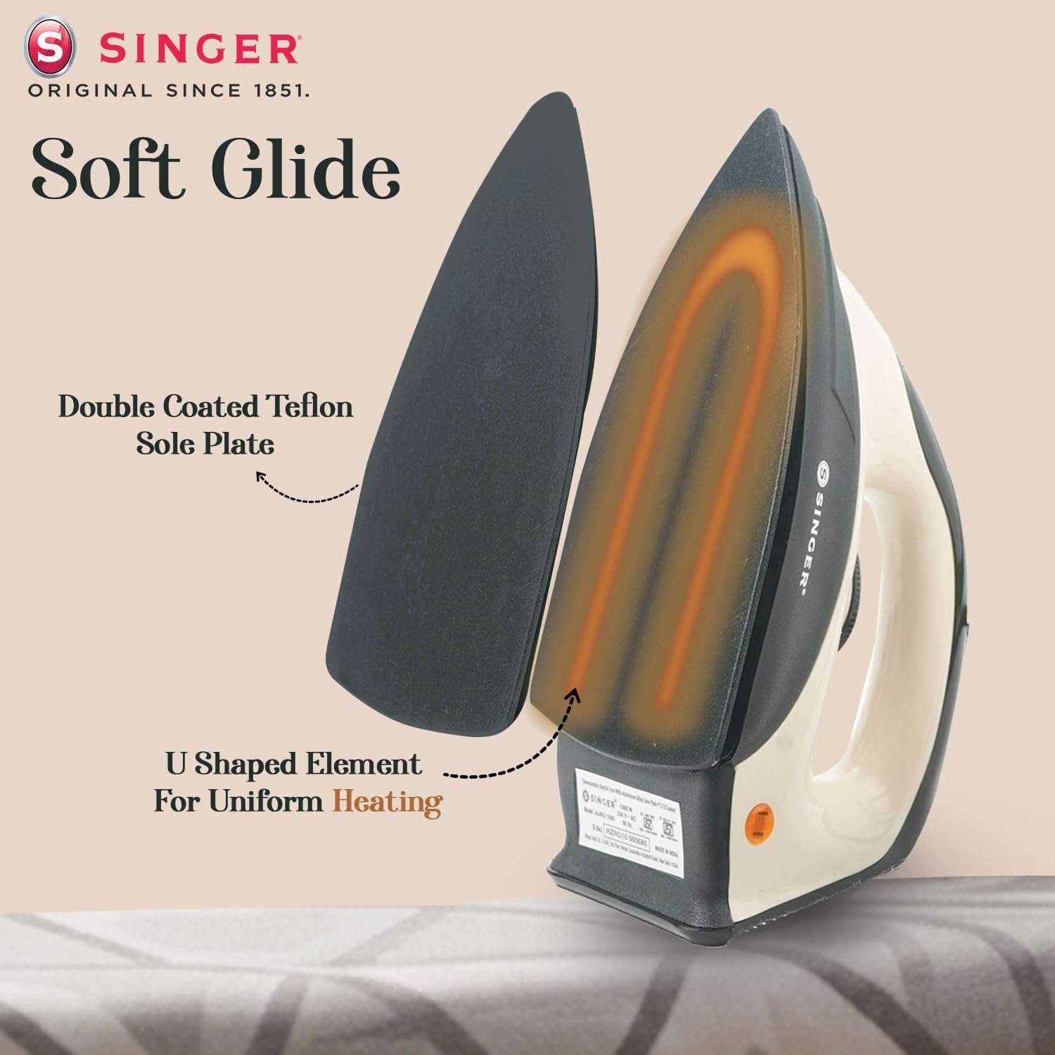 SINGER Auro 1000 Watts Dry Iron | Bigger Sole Plate for Faster Ironing | Uniform Heating with U Shaped Element | Adjustable Temperature Control | 2 Year warranty【 Beige-Black 】 5